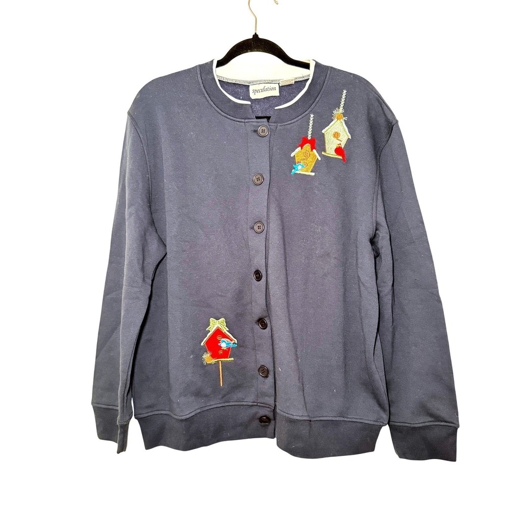 Embroidered Birdhouse‎ Cardigan Women XL Button Front Cottage Nature Folk Whimsy